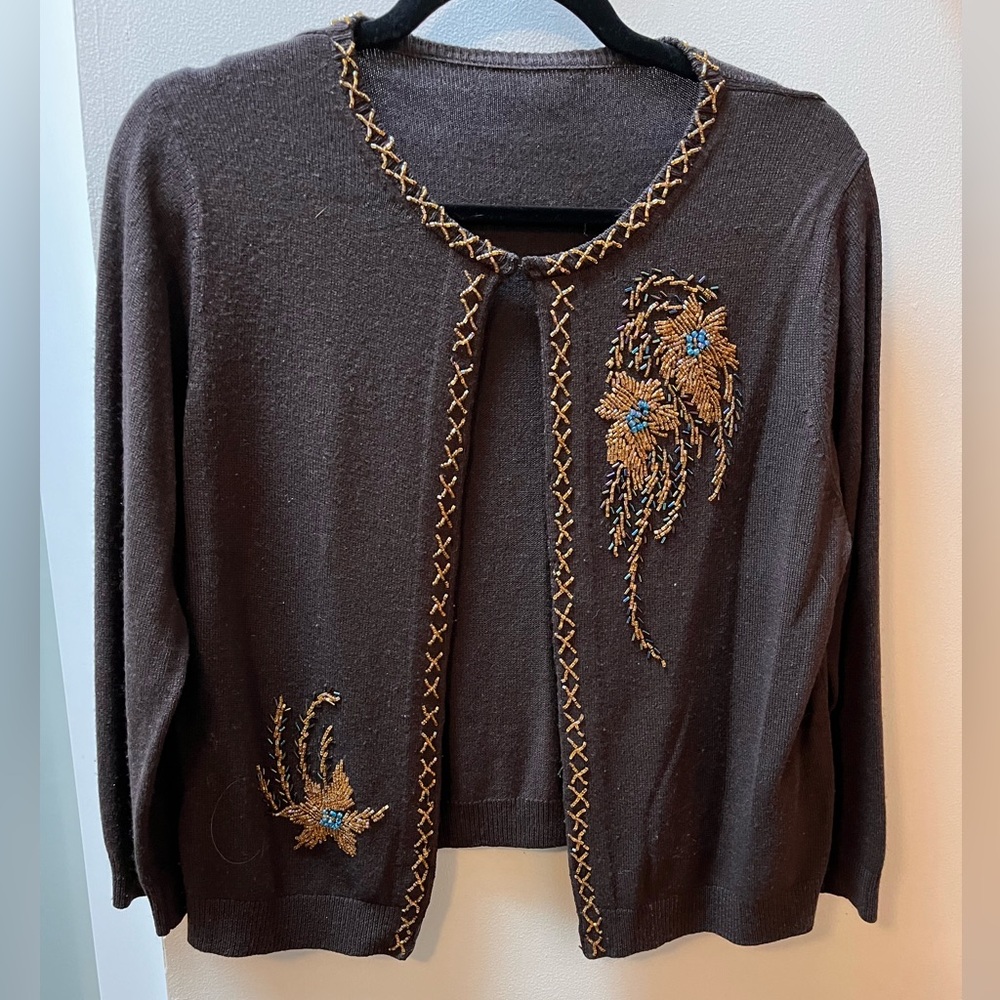 BCBG Embroidered Brown Cardigan Sweater